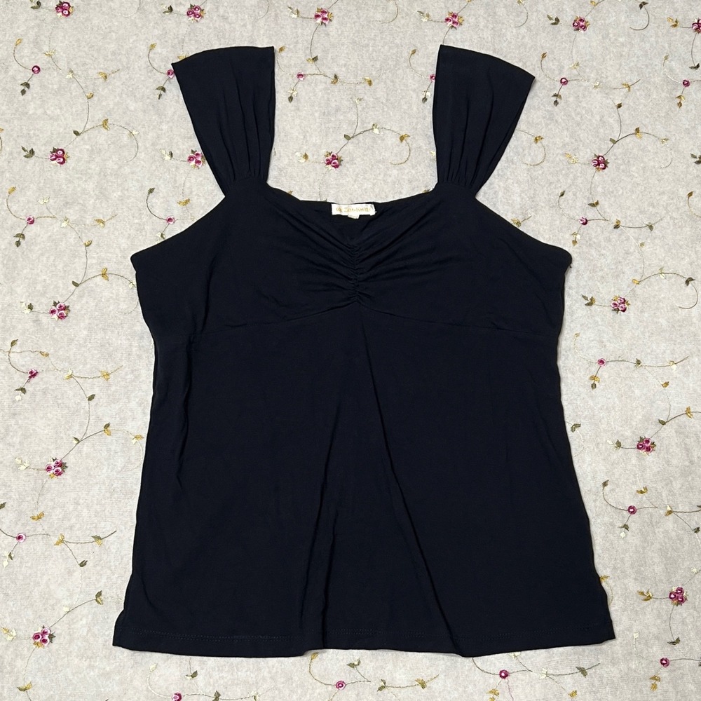 Y2K Vintage 2000s Tank Top Ruched Sweetheart Babydoll Black Zen-Knits Lotus XL‎